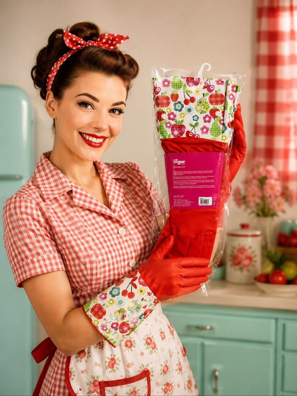 Vigar Floral Dish Gloves with Red Latex Palm